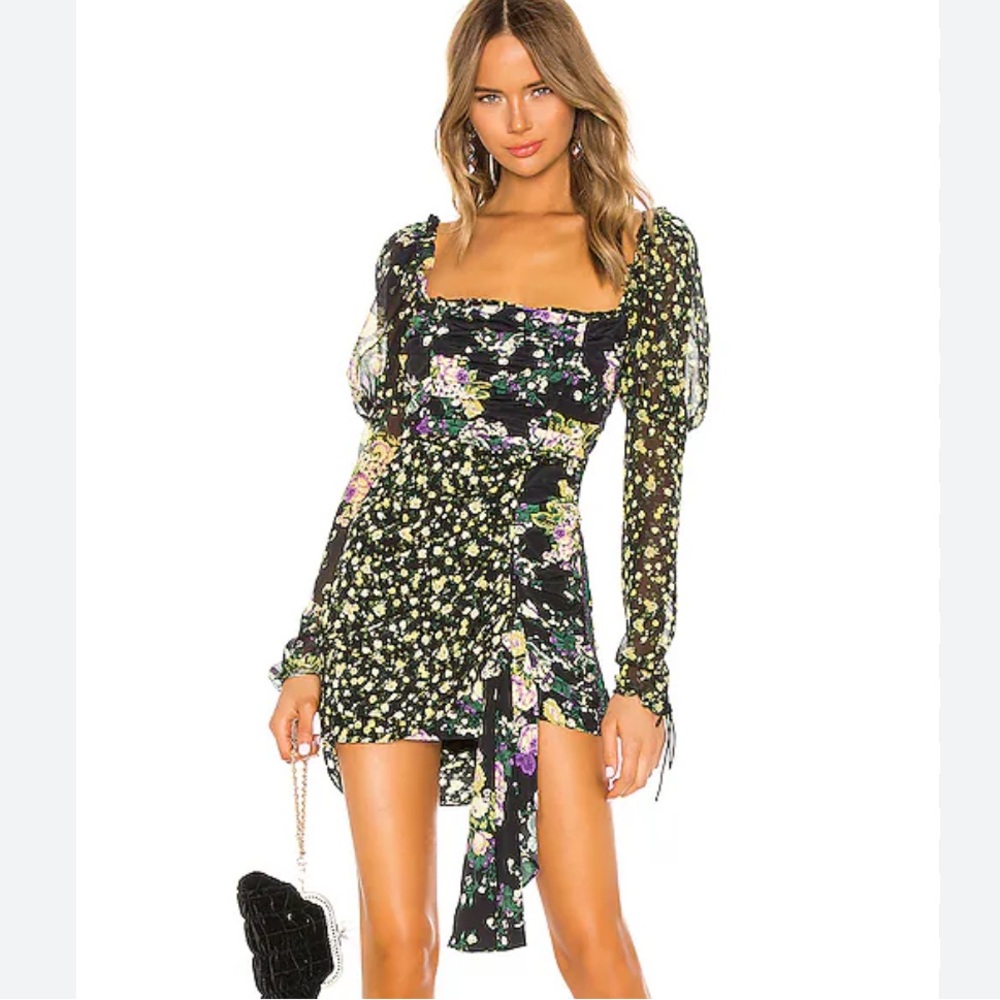 For Love and Lemons Black Floral Long Sleeve Eileen Mini Dress